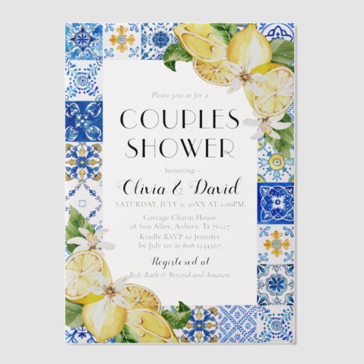 Summer Positano Blue Tiles Lemons Paare Dusche Pergament Einladungen (Vorderseite)