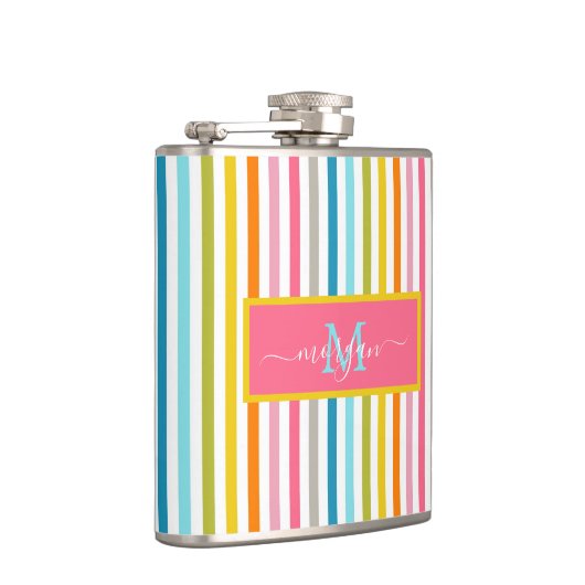 Summer Rainbow Strips Monogram Script Flachmann (Rechts)