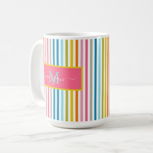 Summer Rainbow Strips Monogram Script Kaffeetasse (Vorderseite Links)