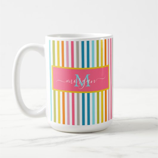Summer Rainbow Strips Monogram Script Kaffeetasse (Links)