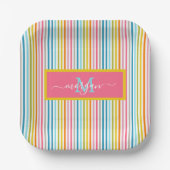 Summer Rainbow Strips Monogram Script Pappteller (Vorderseite)