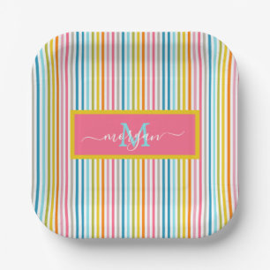 Summer Rainbow Strips Monogram Script Pappteller