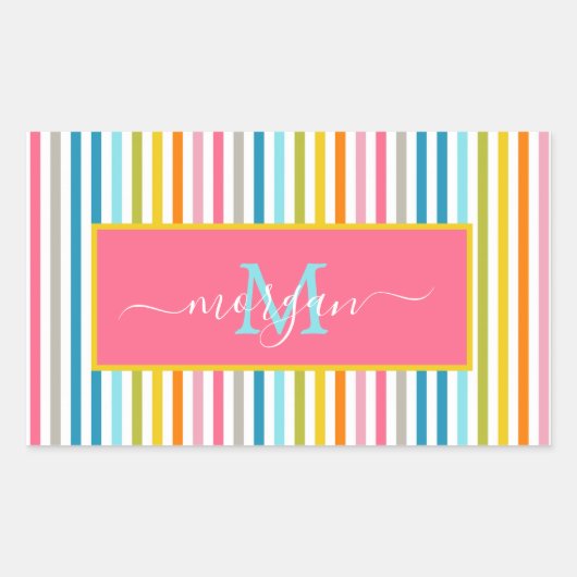 Summer Rainbow Strips Monogram Script Rechteckiger Aufkleber (Vorderseite)