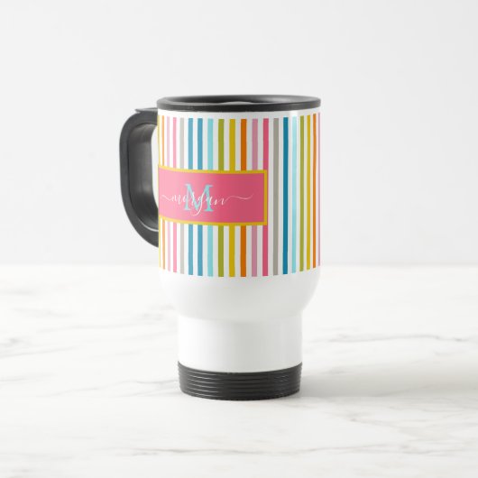 Summer Rainbow Strips Monogram Script Reisebecher (Vorderseite Links)