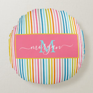 Summer Rainbow Strips Monogram Script Rundes Kissen