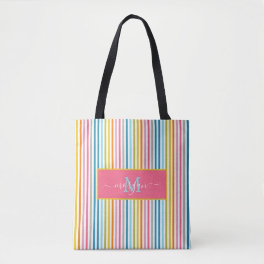 Summer Rainbow Strips Monogram Script Tasche (Vorderseite)