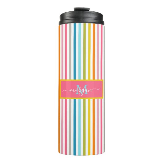 Summer Rainbow Strips Monogram Script Thermosbecher (Vorderseite)