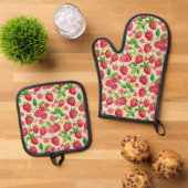 Summer Raspberry Garden Botanical Fruit Pattern Ofenhandschuh & Topflappen-Set (Oben Unten)