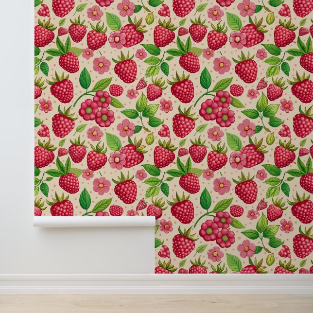 Summer Raspberry Garden Botanical Fruit Pattern Tapete (Anwendung)