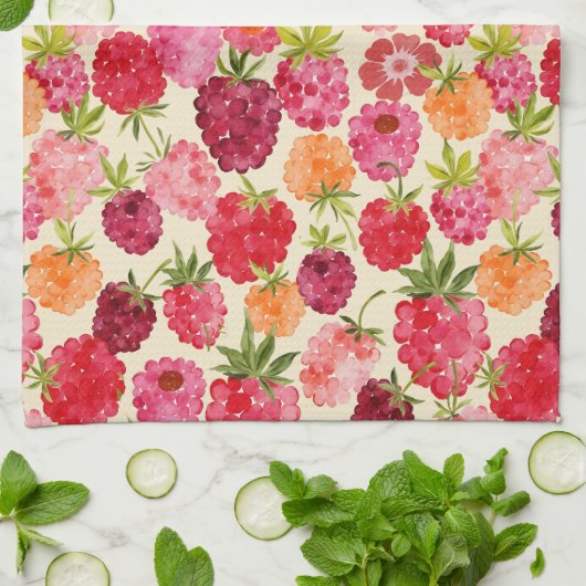 Summer Raspberry Watercolor Coquette Geschirrtuch (Gefaltet)