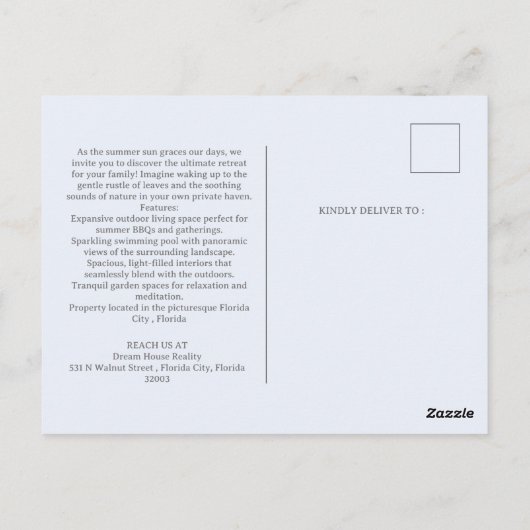 Summer Real Anwesen Listing oder Werbeaktion Postkarte (Rückseite)