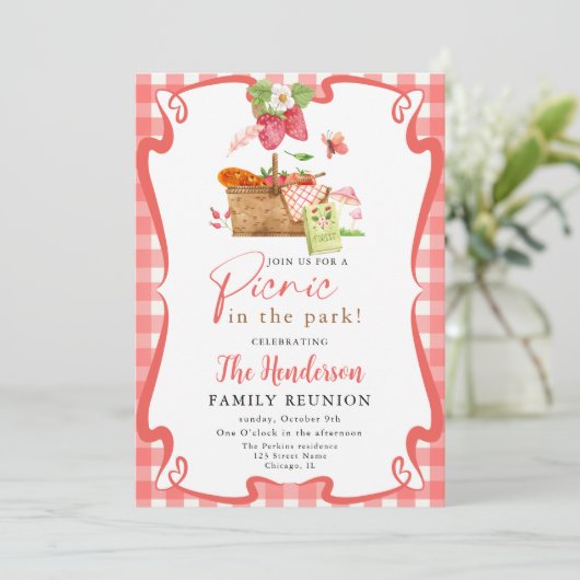 Summer red Fun Picnic in der Parkfamilie Wiederseh Einladung (Stehend Vorderseite)