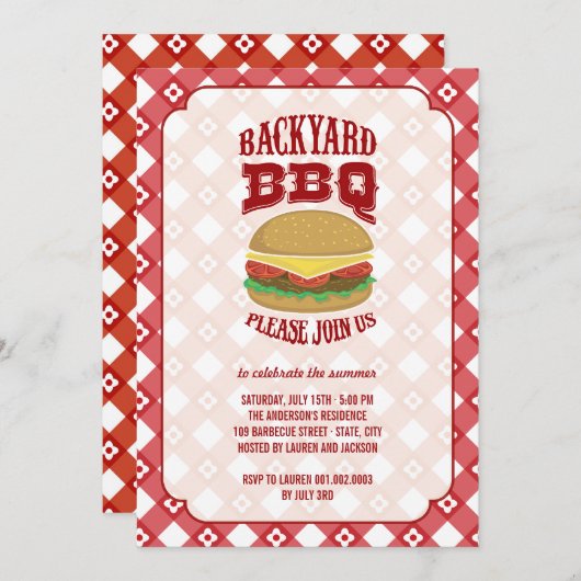 Summer Red Gingham Fun Backyard Barbeque GRILLEN P Einladung (Vorne/Hinten)