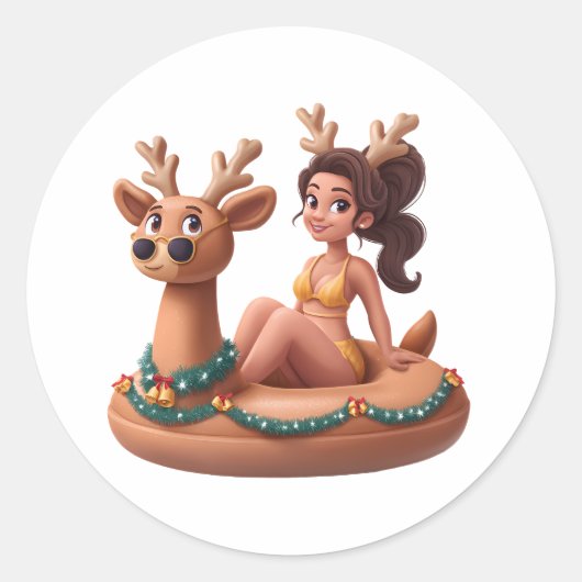 Summer Reindeer Holiday Fun Pool Party Design Runder Aufkleber (Vorderseite)