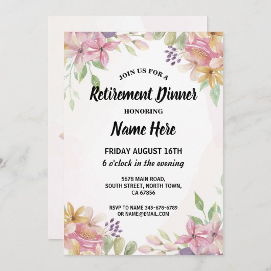 Summer Retirement Party Aquarell Blume Rosa Einladung (Vorne/Hinten)