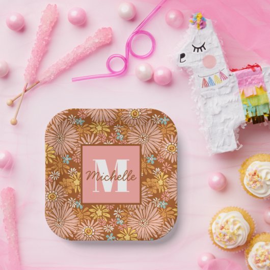 Summer Retro Blume | Monogram Paper-Teller Pappteller (Party)