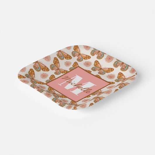 Summer Retro Butterfly | Monogram Paper-Teller Pappteller (Gewinkelt)