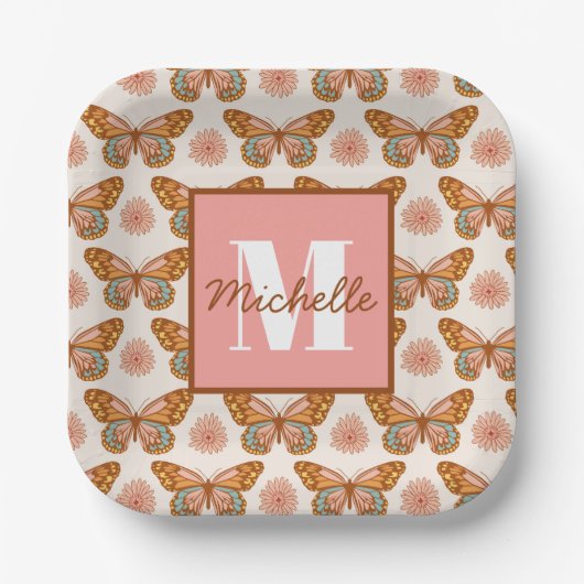 Summer Retro Butterfly | Monogram Paper-Teller Pappteller (Vorderseite)