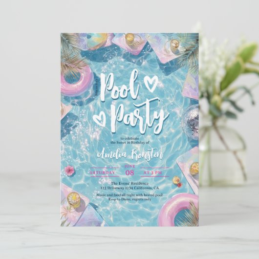 Summer Retro Disco Sweet 16 Pool Vibes Party Einladung (Stehend Vorderseite)