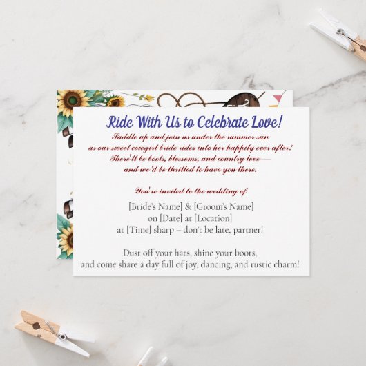Summer Ride to Forever – Cowgirl Wedding Bliss" Einladung (Vorderseite/Rückseite Beispiel)