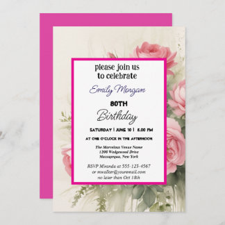 Summer Rose Garden Pink Flora 80. Geburtstag Einladung