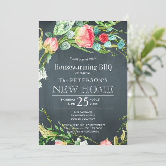 Summer Rose Garten rustikal neue Zuhause Grillen Einladung (Stehend Vorderseite)