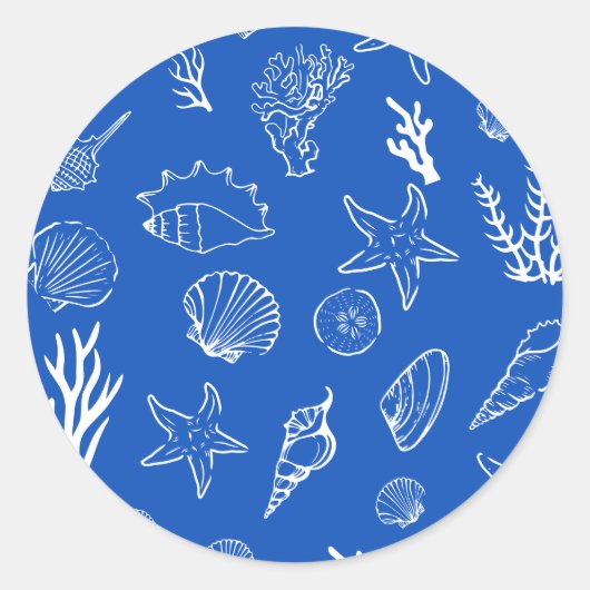 Summer Seashells Frame Beach Wedding Blue Runder Aufkleber (Vorderseite)