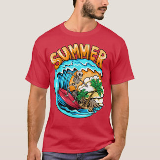 Summer Skeleton Surfing Wave Beach Summer Vacation T-Shirt
