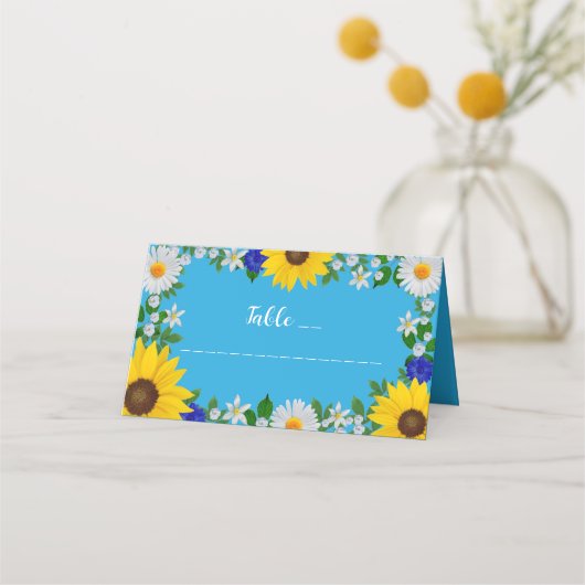 Summer Sky Blue Floral Wedding Platzkarte (Vorderseite)