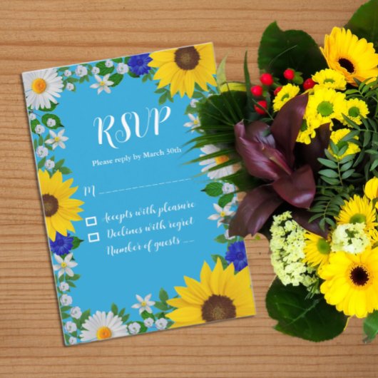 Summer Sky Blue Floral Wedding RSVP Karte