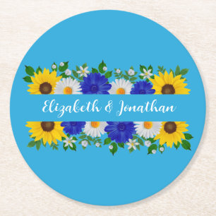 Summer Sky Blue Floral Wedding Runder Pappuntersetzer