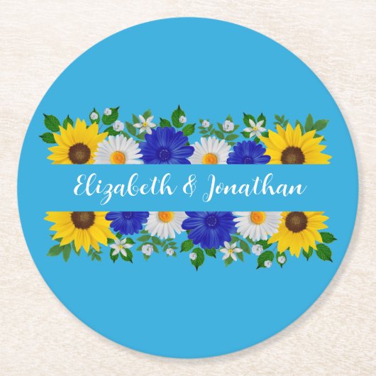 Summer Sky Blue Floral Wedding Runder Pappuntersetzer (Vorderseite)