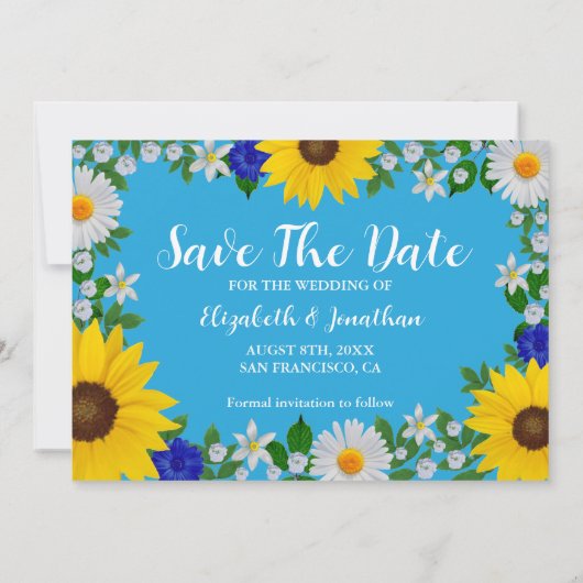 Summer Sky Blue Floral Wedding Save The Date (Rückseite)