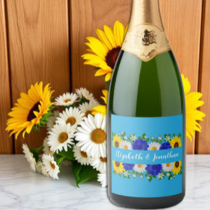 Summer Sky Blue Floral Wedding Schaumweinetikett