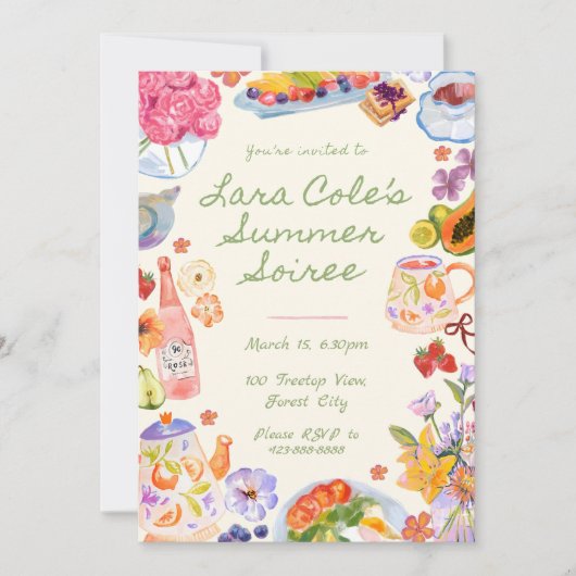 Summer Soiree Einladung Handgezogenes Lebensmittel (Vorderseite)