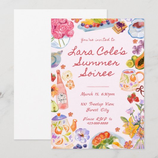Summer Soiree Einladung Handgezogenes Lebensmittel (Vorne/Hinten)