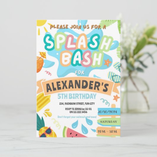 Summer Splash Pool Party Boy Bash Water Park Einladung (Stehend Vorderseite)