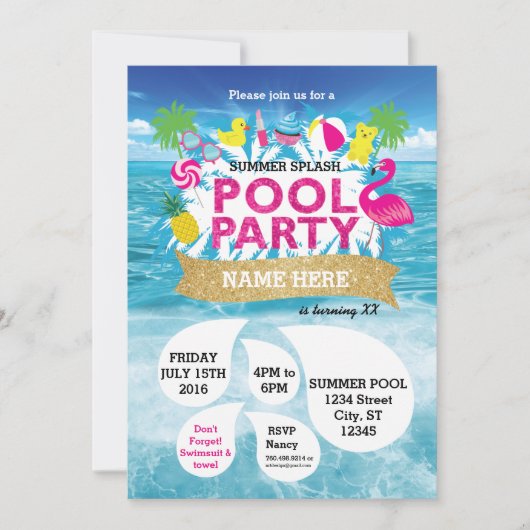 Summer Splash Pool Party Einladung 5 x 7 (Vorderseite)