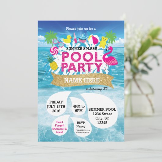 Summer Splash Pool Party Einladung 5 x 7 (Stehend Vorderseite)