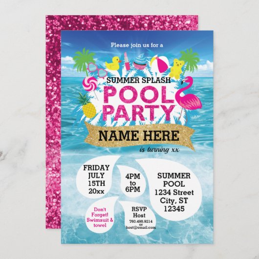 Summer Splash Pool Party Einladung 5 x 7 (Vorne/Hinten)