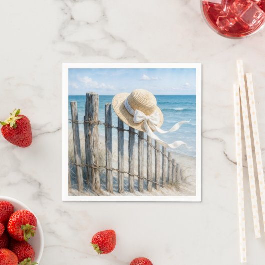 Summer Straw Hat On Beach Fence Serviette (Beispiel)