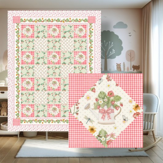 Summer Strawberries Gingham Floral Baby Girl Fleecedecke