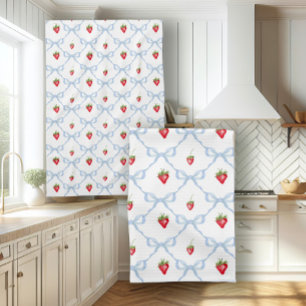 Summer Strawberries in Blue Ribbon Bows Watercolor Geschirrtuch