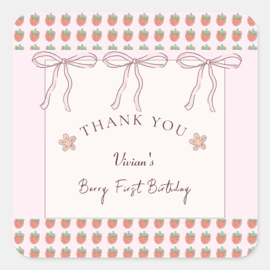 Summer Strawberries Pink Ribbon Danke Quadratischer Aufkleber (Vorderseite)