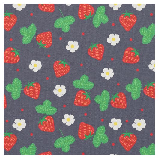 Summer Strawberry Pattern auf Navy Blue Stoff (Nahaufnahme)