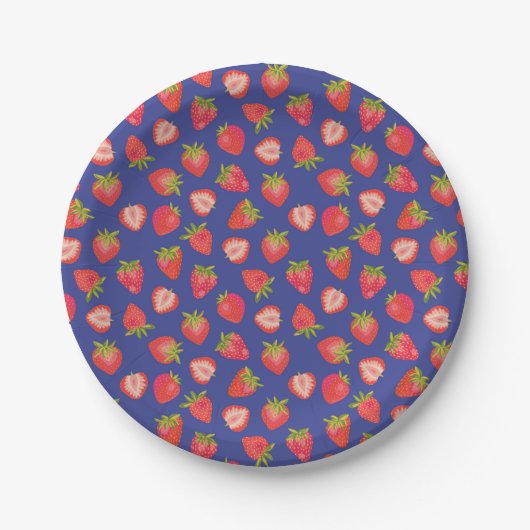Summer Strawberry Red Blue Pattern Pappteller (Vorderseite)