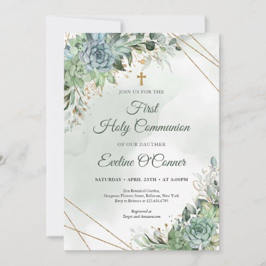 Summer succulents eucalyptus greenery gold Baptism Einladung (Vorderseite)