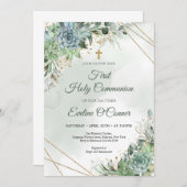 Summer succulents eucalyptus greenery gold Baptism Einladung (Vorne/Hinten)