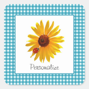 Summer Sunflower Gingham Name Quadratischer Aufkleber