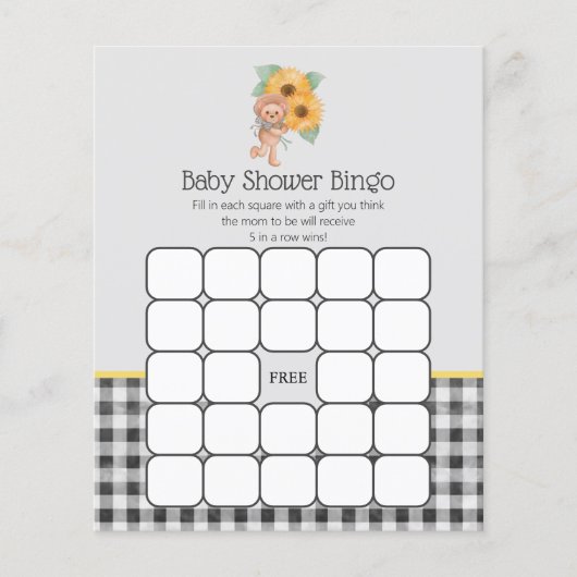 Summer Sunflower Teddy Bear Baby Dusche Bingo Spie (Vorderseite)